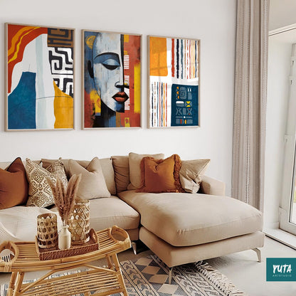 Afrocentric wall decor – set of 3 abstract Black woman portraits in minimalist design.