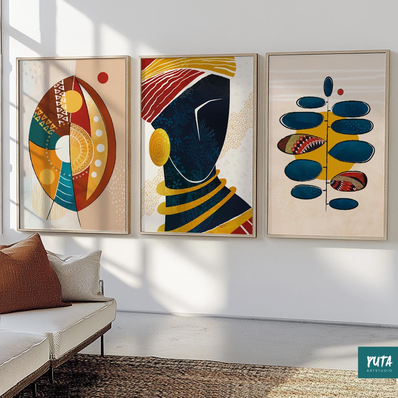 Minimal abstract people art – African American female portrait set for modern wall styling.
