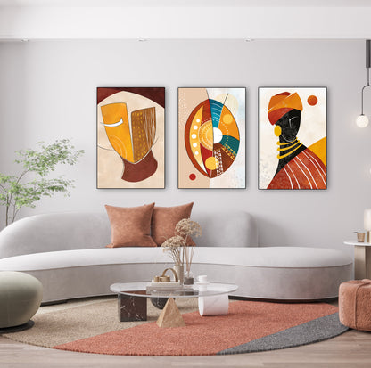 Large colorful African American art set of 3, abstract modern black women portraits, above bed Afrocentric wall art.