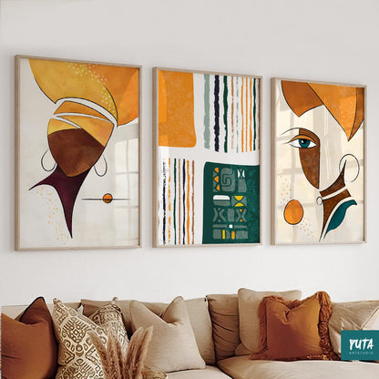 Afrocentric wall decor – set of 3 abstract Black woman portraits in minimalist design.