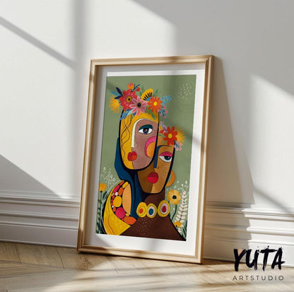 Colorful abstract woman portrait. Modern  african american art print, black women poster, aesthetic room decor, Living room wall art