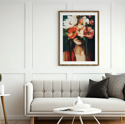 Coral floral woman portrait featuring large peach, orange and ivory flowers framing her face