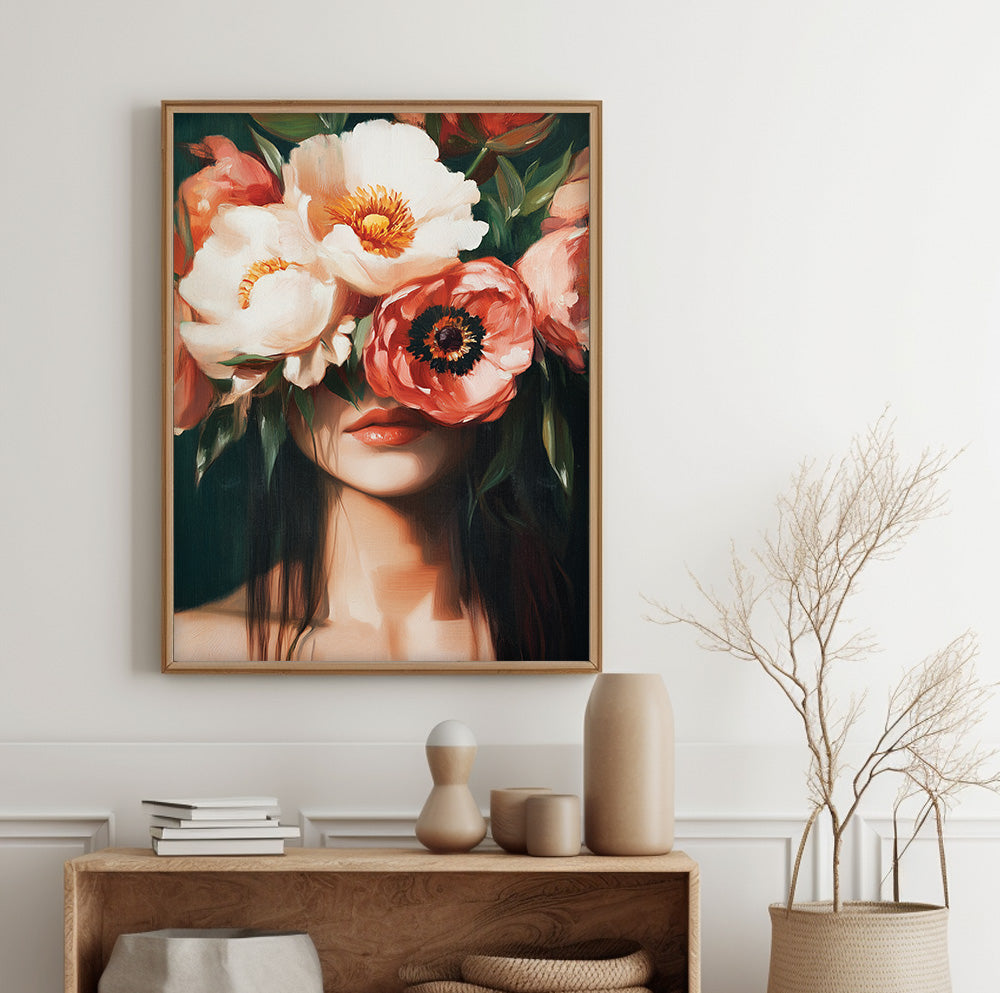 Coral flower woman wall art featuring a feminine portrait surrounded by lush peach, cream and orange flowers