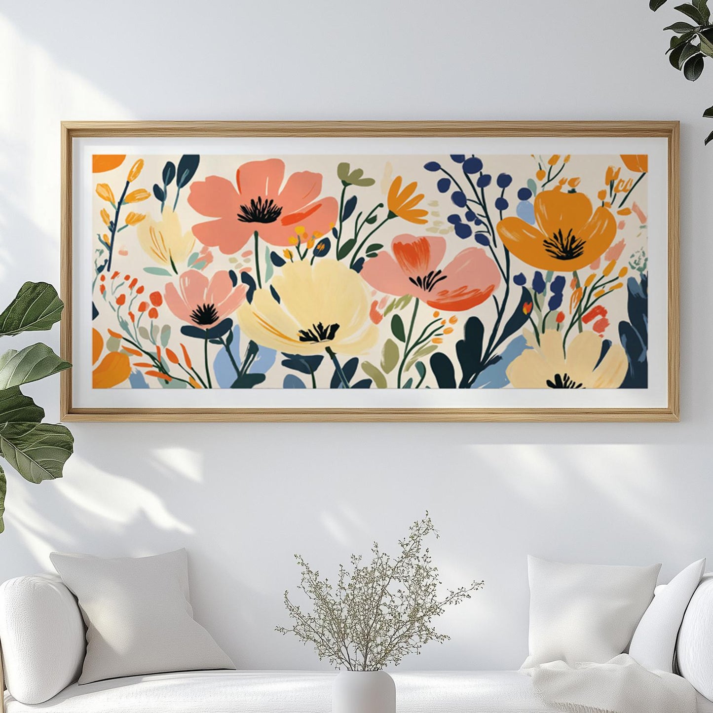 Panoramic floral artwork in a natural wood frame featuring bold abstract wildflowers