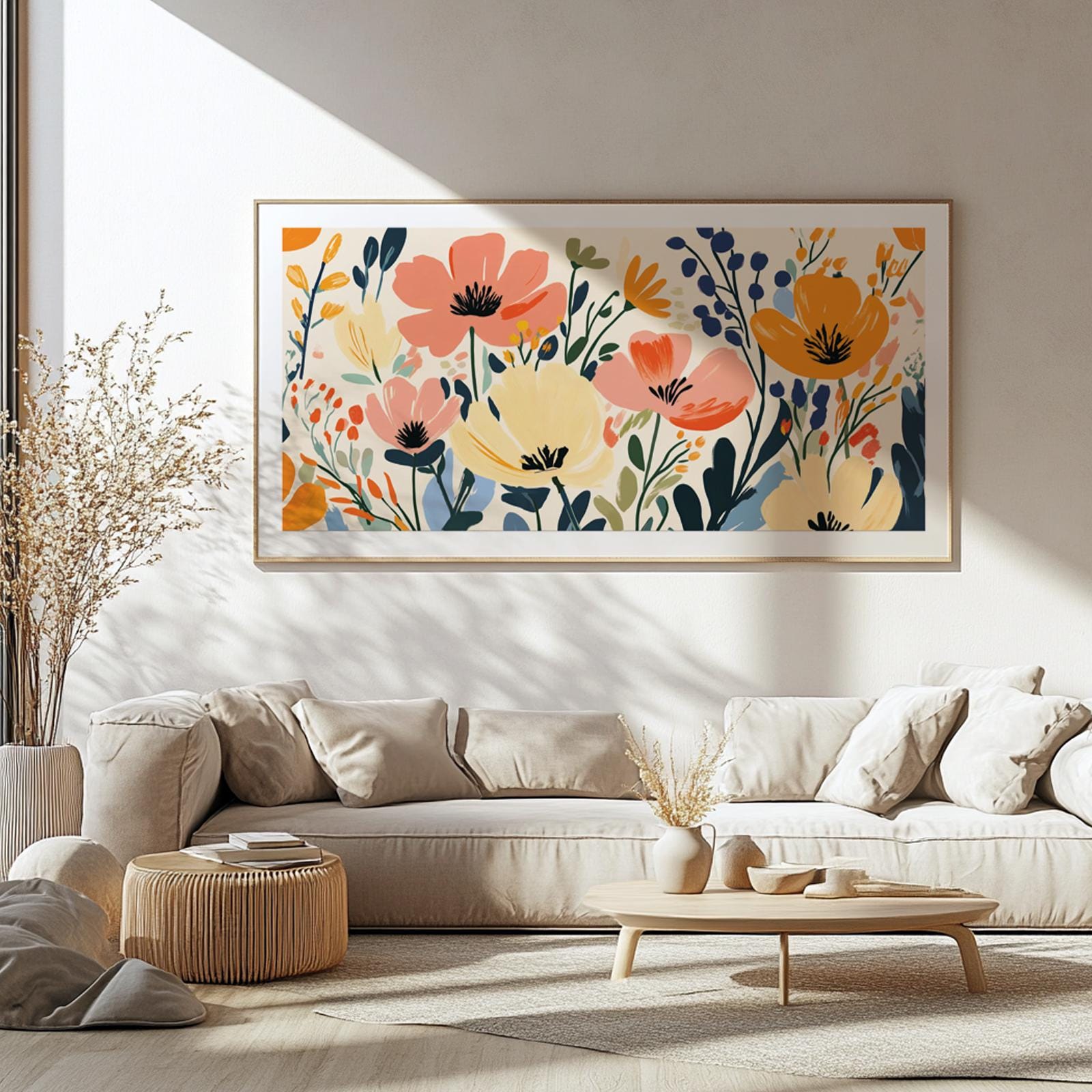 Panoramic floral wall art with bold, abstract wildflowers framed above a light console.