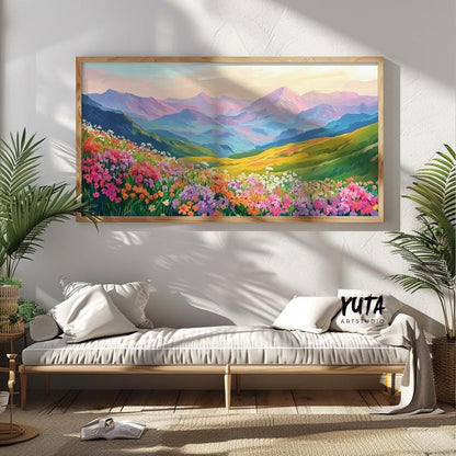 Vivid mountain landscape wall art with wildflowers in a wood frame above a neutral bench