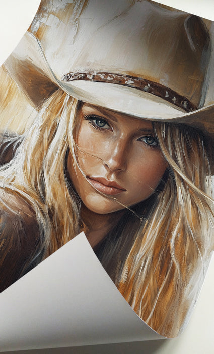 Cowboy hat woman wall art featuring a blonde female portrait with rustic western styling