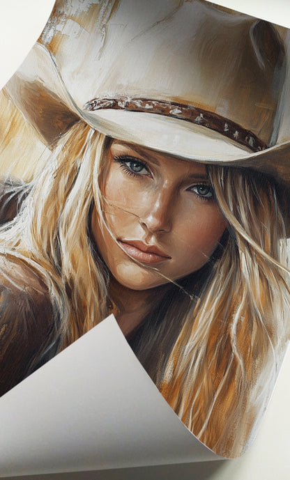 Cowboy hat woman wall art featuring a blonde female portrait with rustic western styling