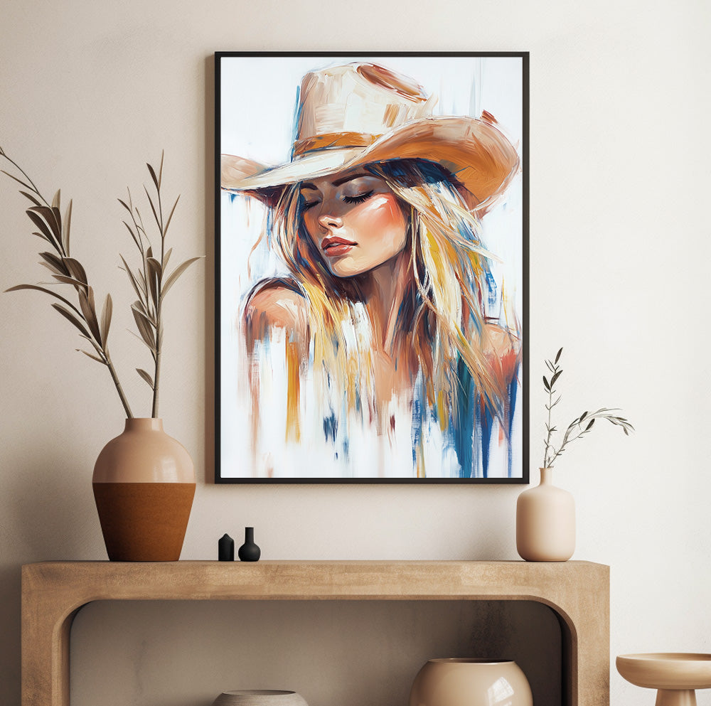 Cowboy hat woman wall art featuring a blonde western woman in a contemporary painted style