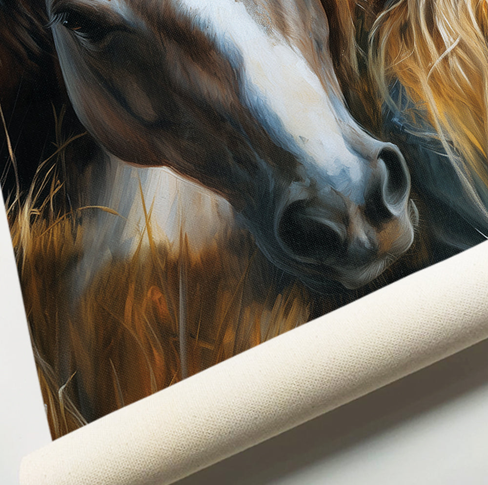 Cowgirl and horse art print in warm beige, brown and soft blue western tones