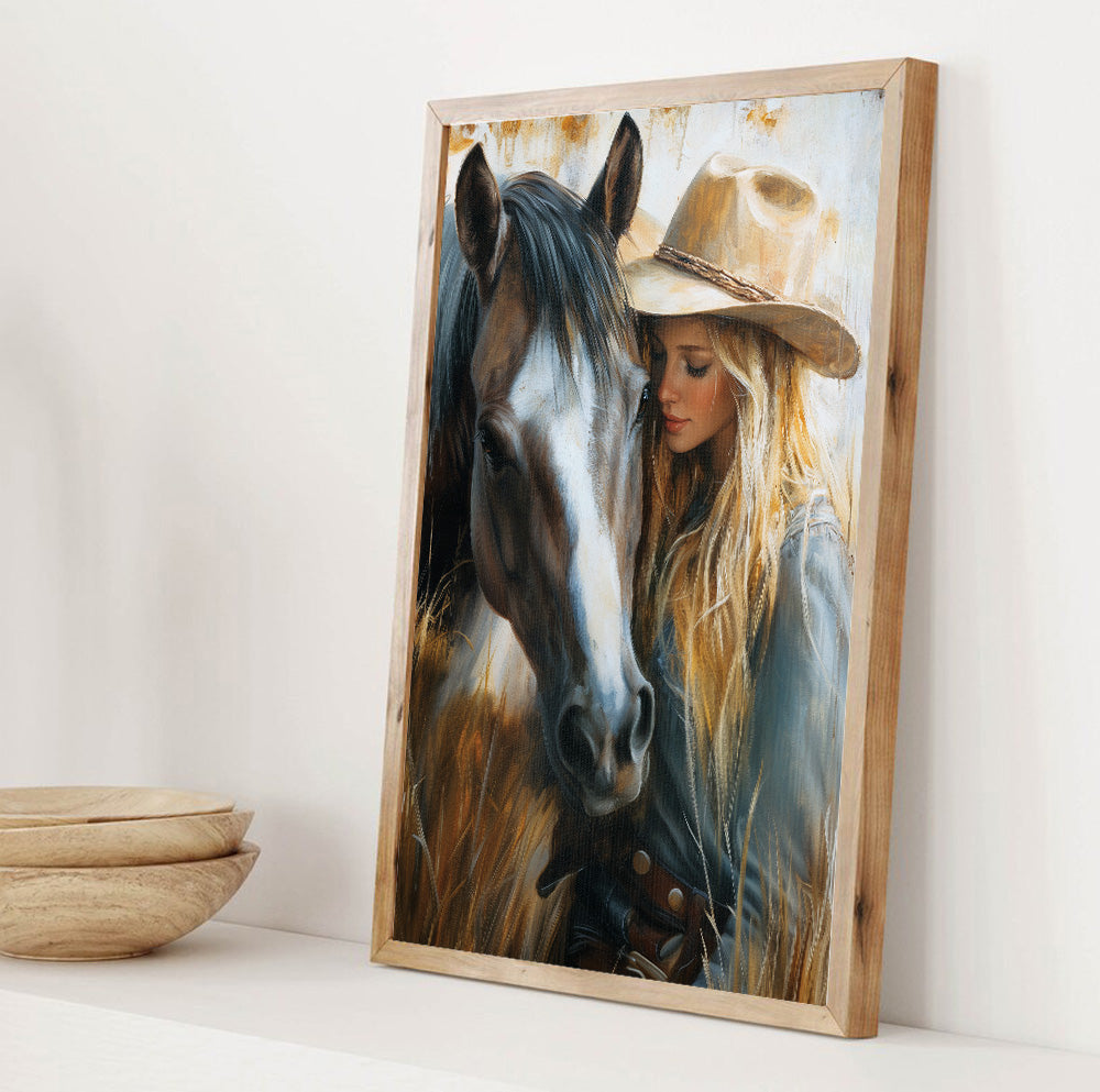 Cowgirl horse portrait art featuring a blonde western woman beside a gray and brown horse