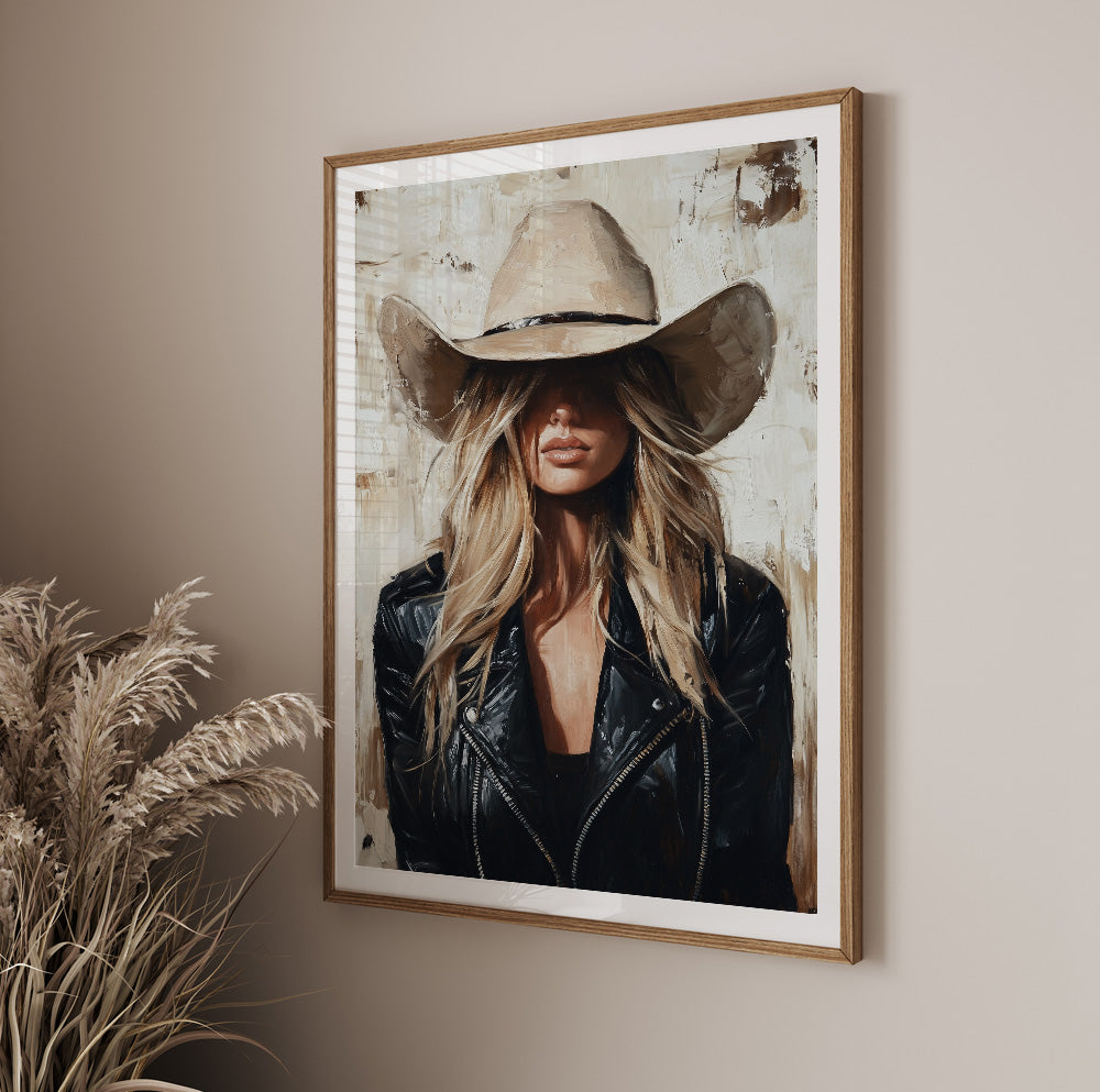 Cowgirl leather jacket art featuring a blonde western woman in a beige cowboy hat
