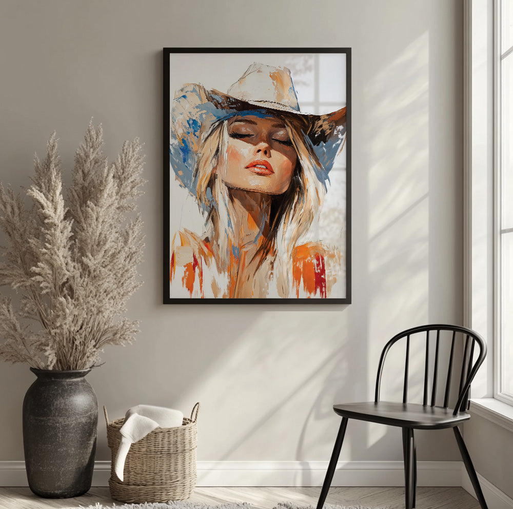 Cowgirl portrait wall art with expressive blue, orange and neutral brushstrokes