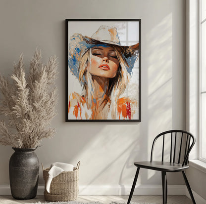 Cowgirl portrait wall art with expressive blue, orange and neutral brushstrokes