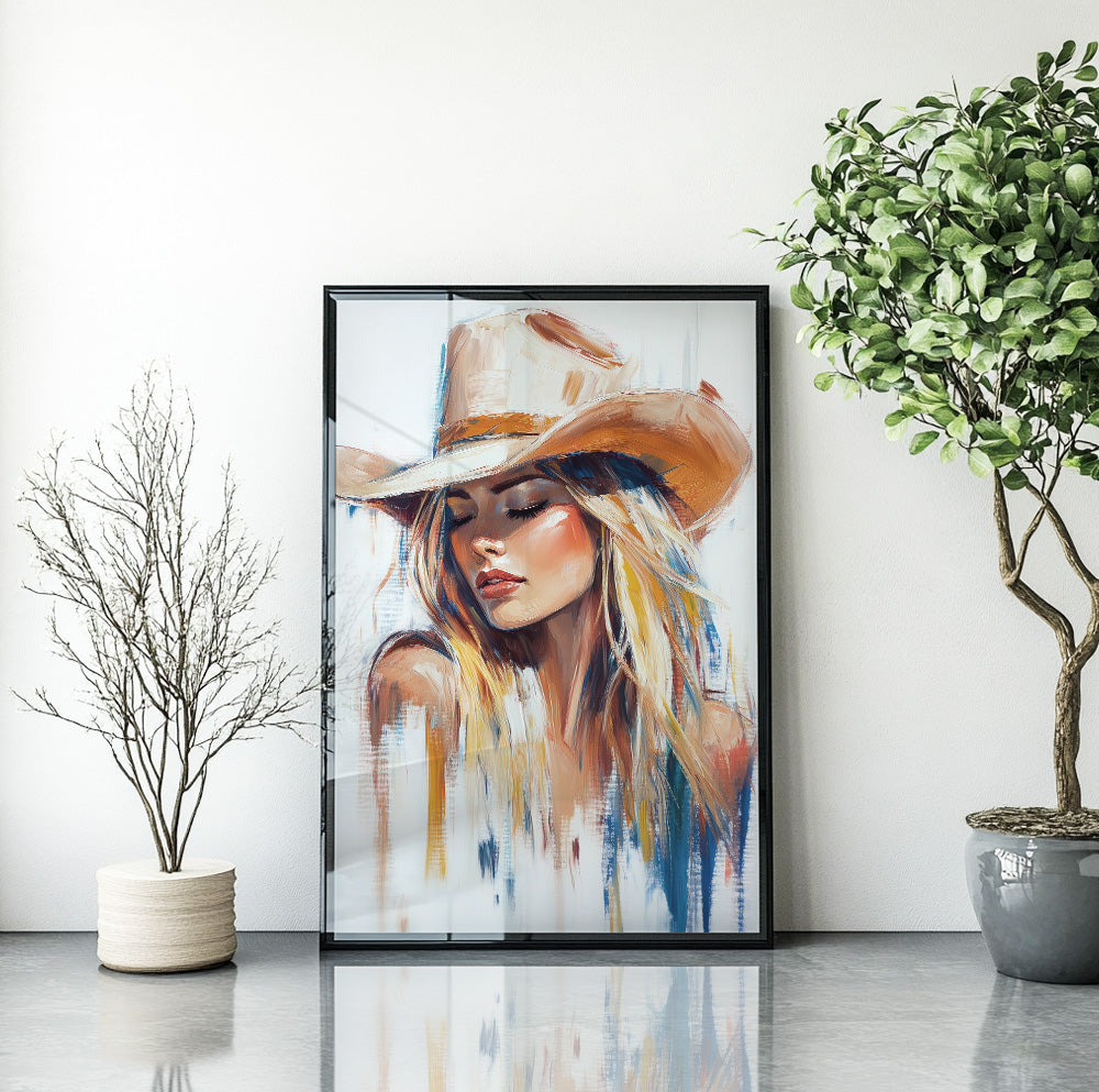 Cowgirl wall art featuring a blonde woman wearing a tan cowboy hat in a painterly style