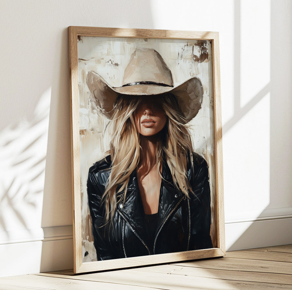 Cowgirl wall art featuring a blonde woman in a beige cowboy hat and black leather jacket