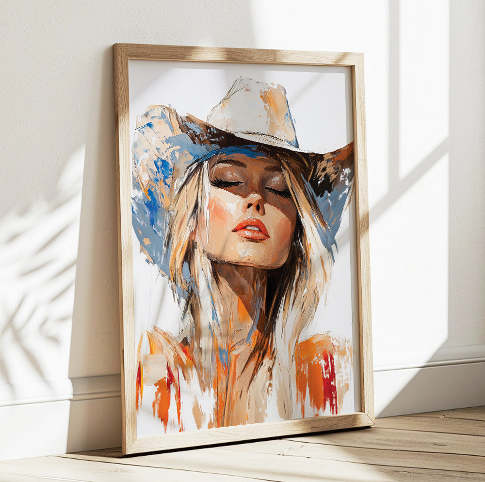 Cowgirl wall art featuring a blonde woman wearing a white cowboy hat
