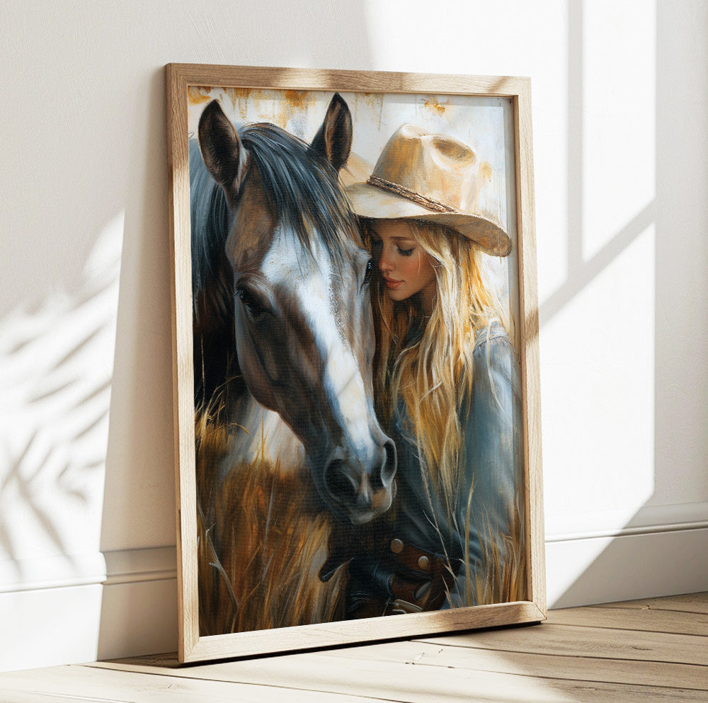 Cowgirl with horse wall art featuring a blonde woman in a cowboy hat beside a gray horse