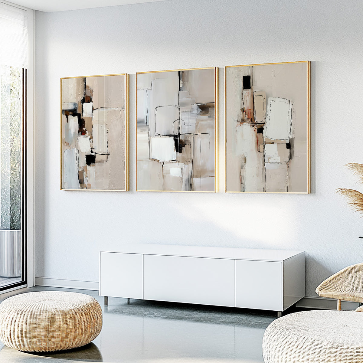 Cream and beige abstract art set of 3 with layered rectangular forms and textured painterly surfaces.