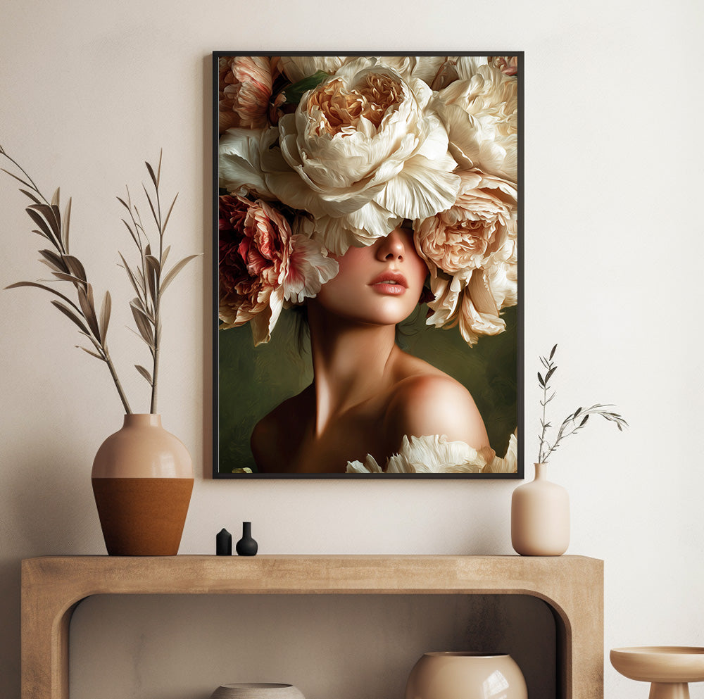 Cream peony woman portrait featuring oversized ivory flowers and a warm olive green background