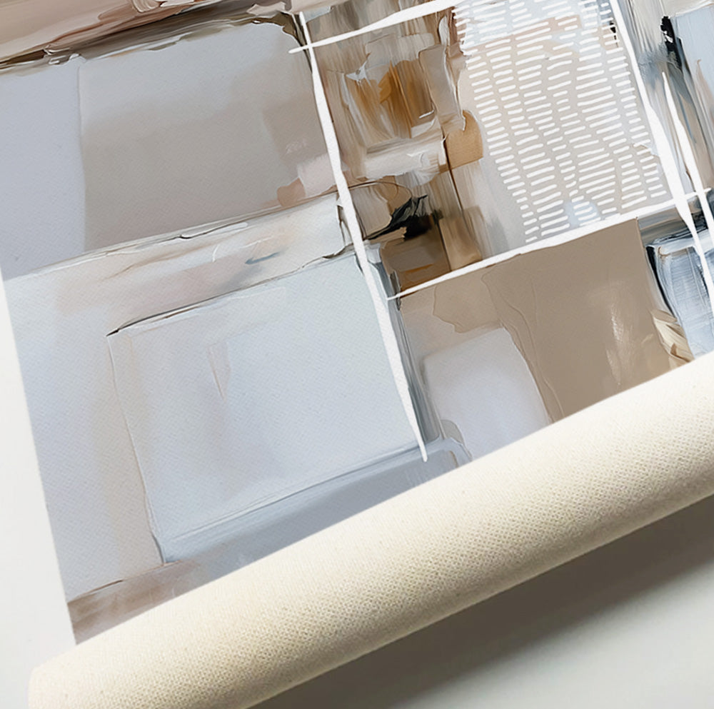Cream and taupe abstract art prints featuring layered rectangular forms with subtle black and gray accents.