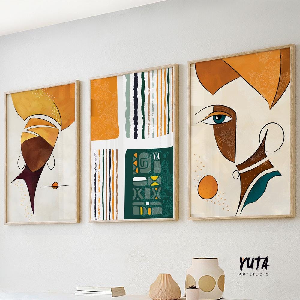 Abstract african art gallery wall set of 3 prints. Colorful ethnic women extra large posters. Modern aesthetic room decor, home gift idea