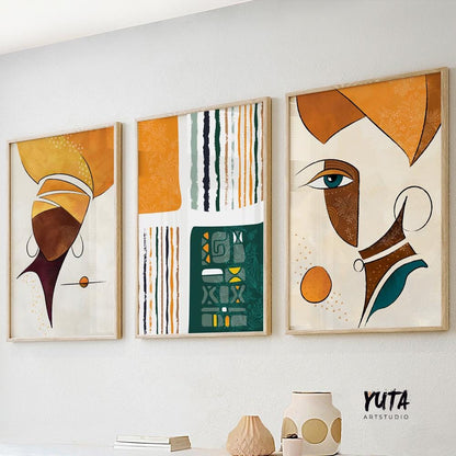 Abstract african art gallery wall set of 3 prints. Colorful ethnic women extra large posters. Modern aesthetic room decor, home gift idea