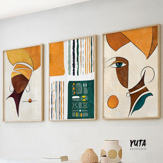 Abstract african art gallery wall set of 3 prints. Colorful ethnic women extra large posters. Modern aesthetic room decor, home gift idea