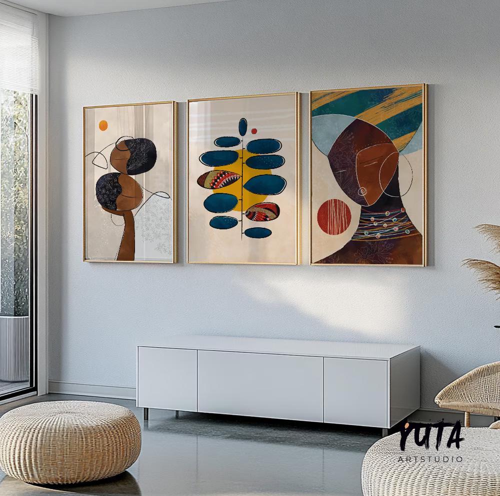 Contemporary abstract African American wall art prints, colorful black couple artwork set of 3 for stylish ethnic gallery wall display.