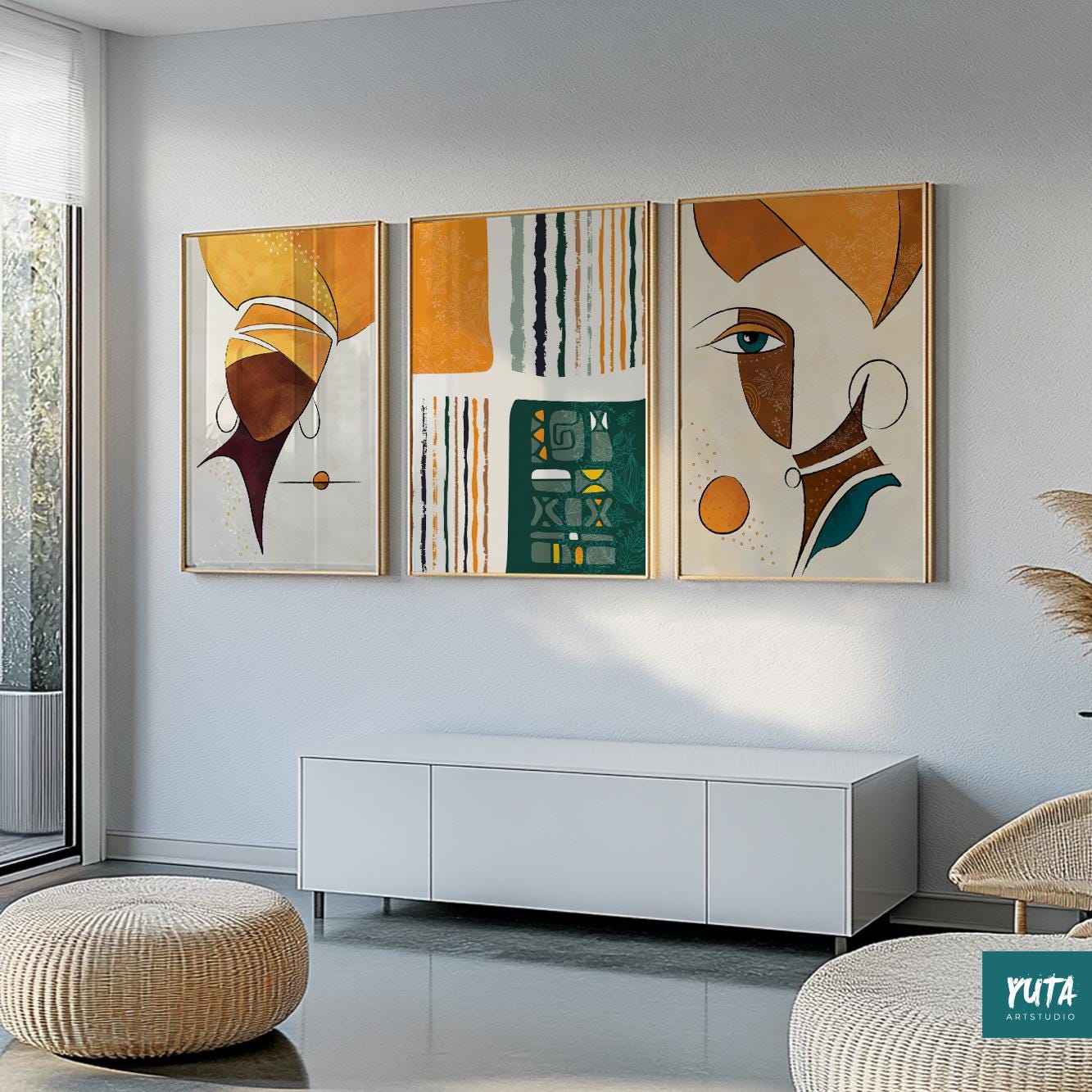 Black woman wall art – abstract African American female portraits for modern minimalist decor.