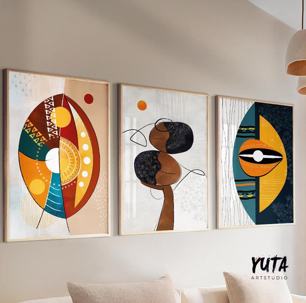 Modern african american art set of 3 print. Abstract ethnic colorful gallery wall set. Contemrorary minimalist above bed africa art
