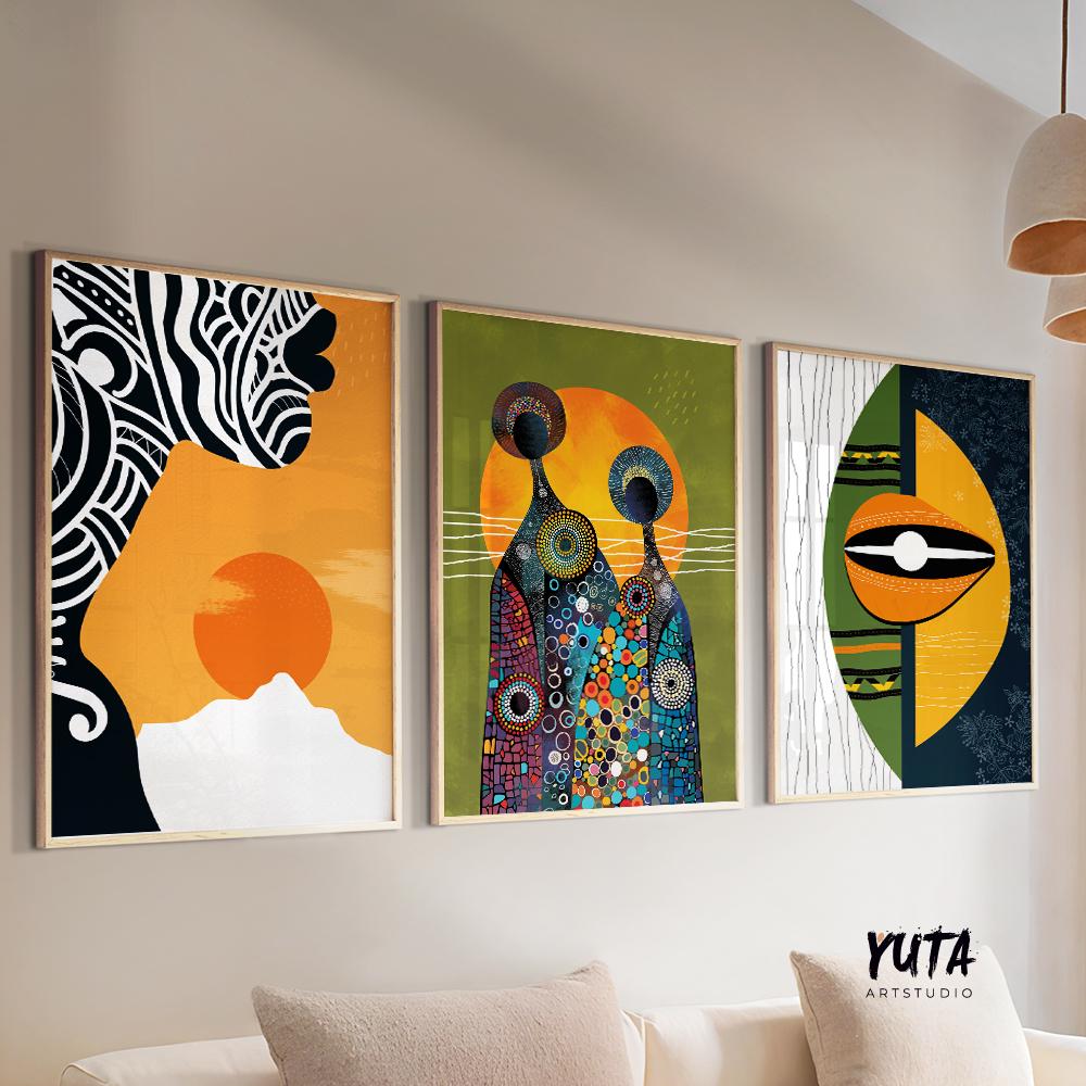 Contemporary Bright Abstract African American Art Set of 3 Prints. Three Peace Modern Tribe Abstract Art. Black Woman Portrait.