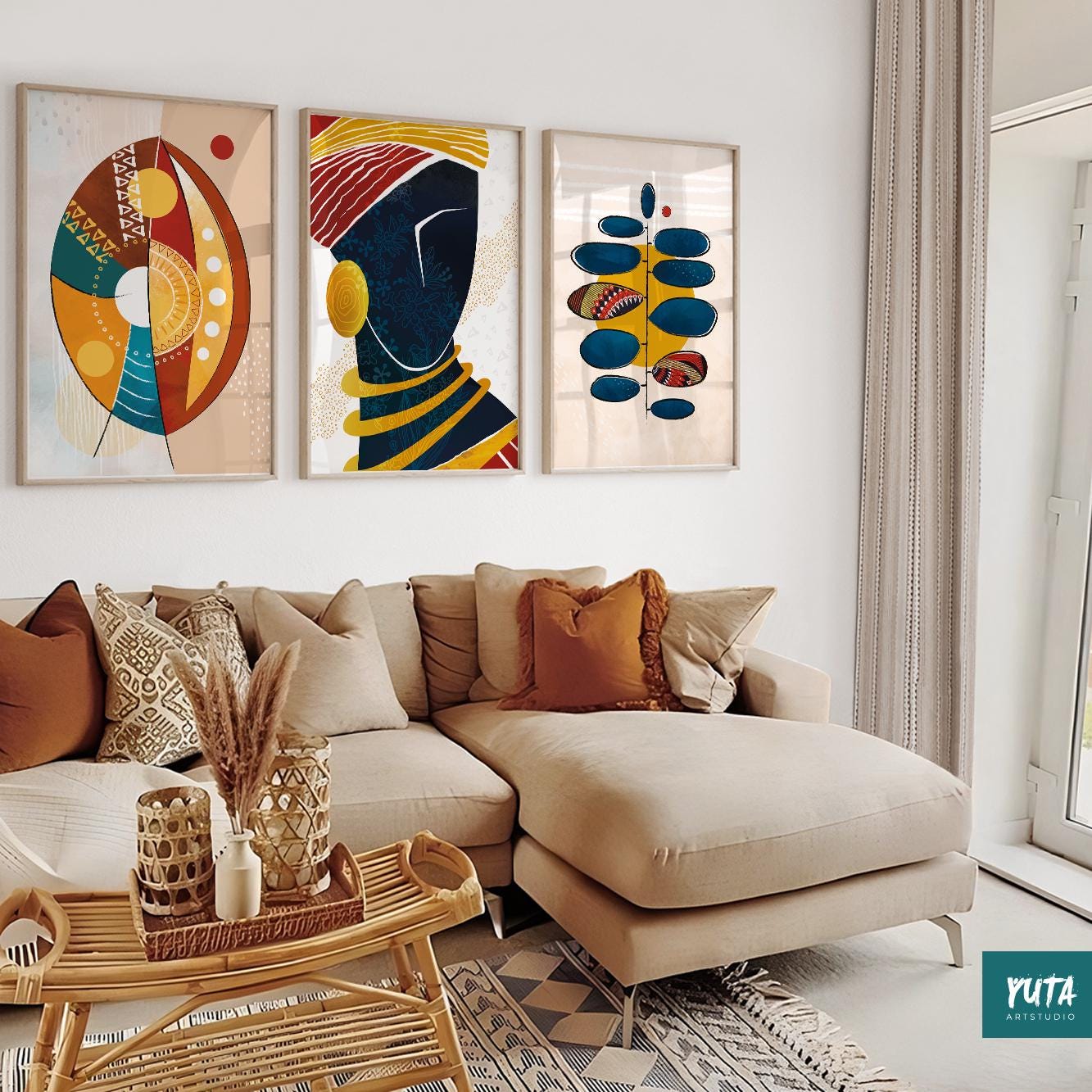 Modern minimalist African portraits – abstract wall art set featuring strong feminine energy.