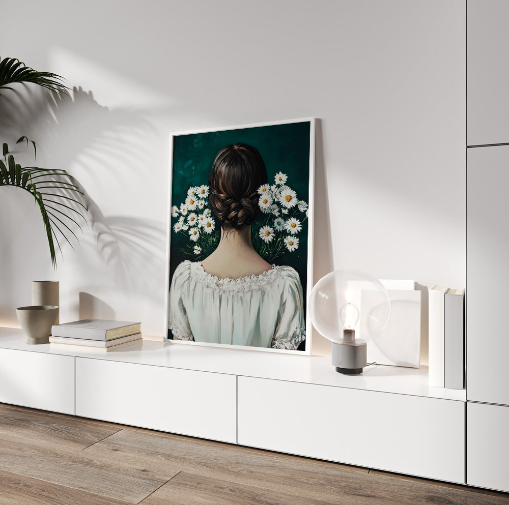 Daisy flower wall art featuring white blooms surrounding an elegant feminine portrait