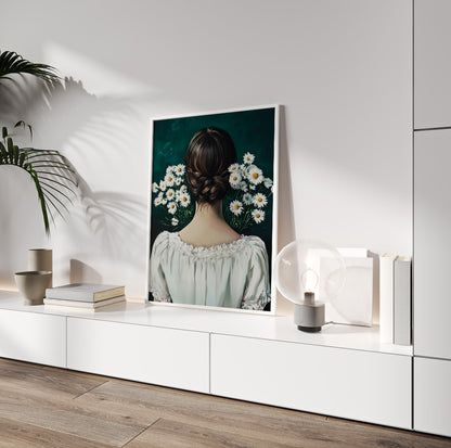 Daisy flower wall art featuring white blooms surrounding an elegant feminine portrait