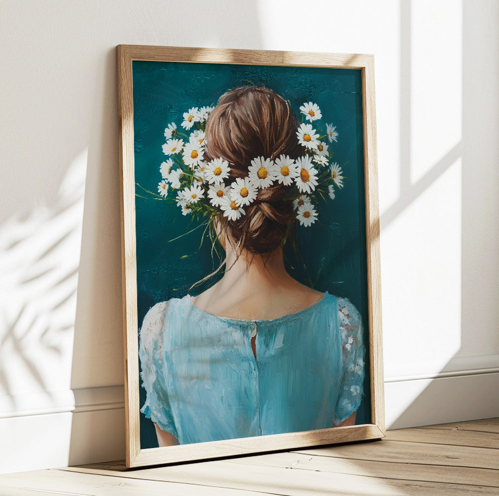 Daisy hair woman portrait art featuring a romantic low bun decorated with white daisies