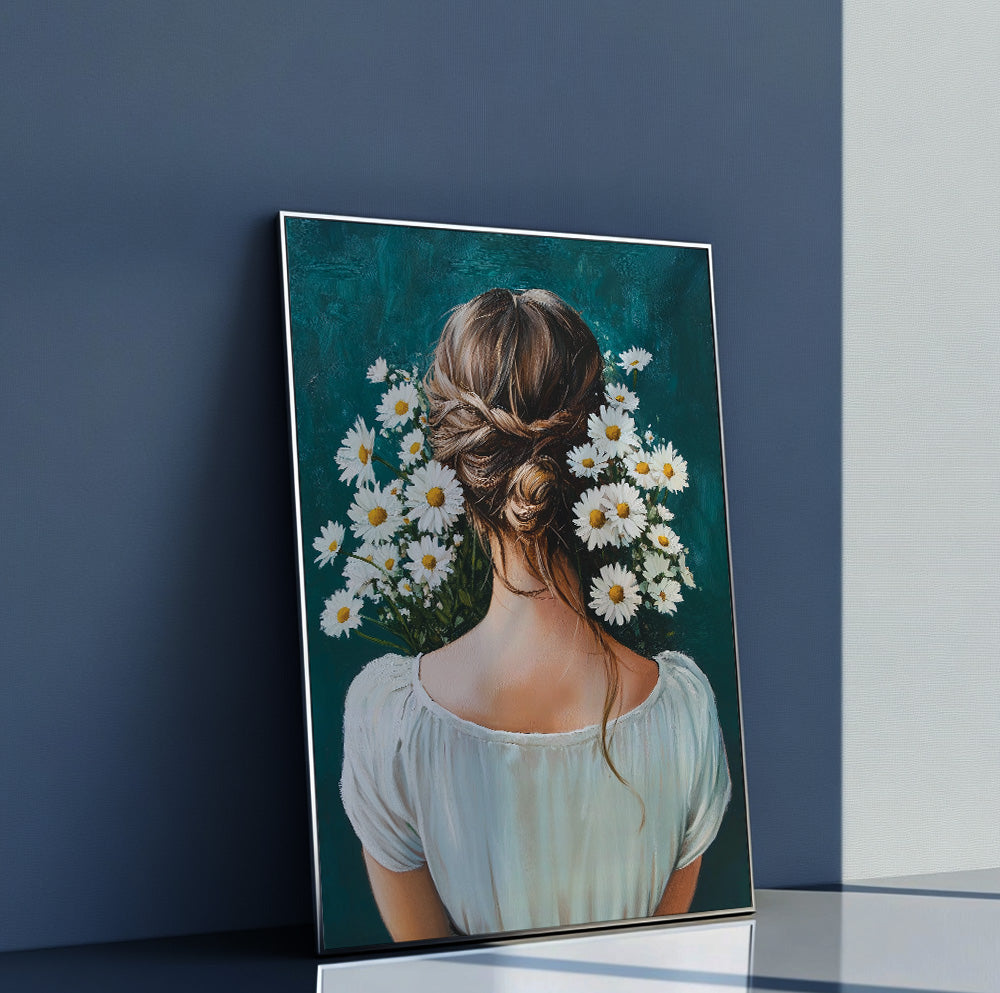 Daisy woman back view art featuring an elegant braided hairstyle and white daisies on a teal background