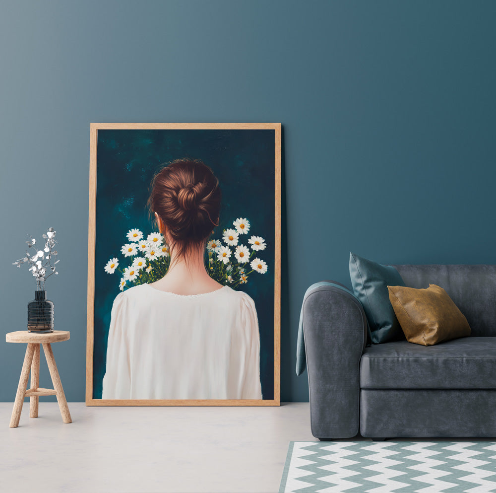 Daisy woman back view wall art featuring white blooms surrounding a brunette woman against a dark teal background