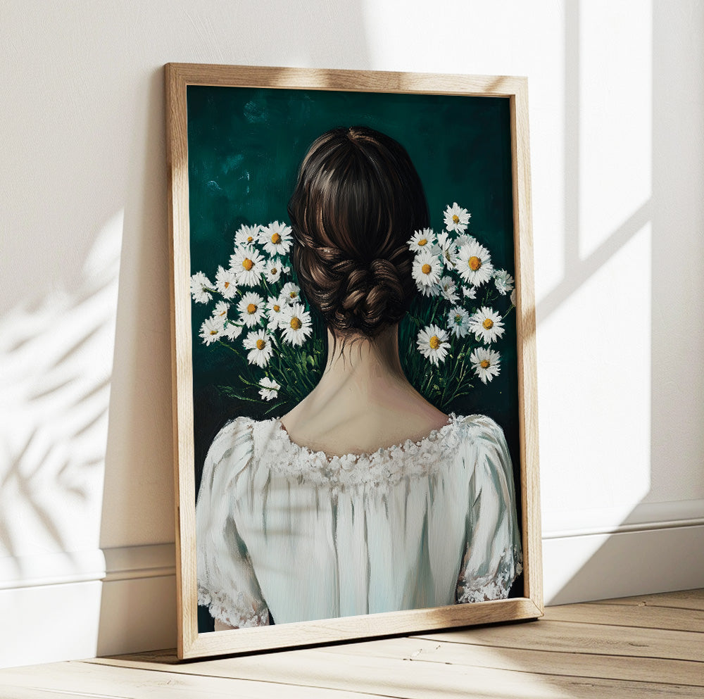 Daisy woman portrait art featuring a brunette with an elegant low bun and white daisies