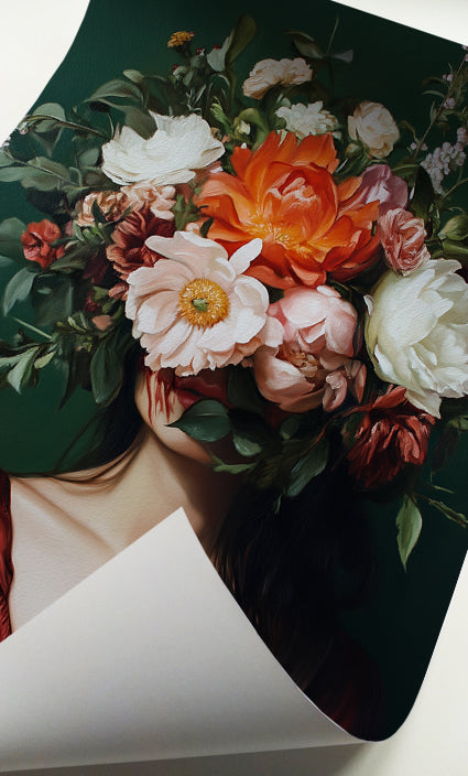 Dark botanical portrait print featuring a woman with a lush floral bouquet covering her face