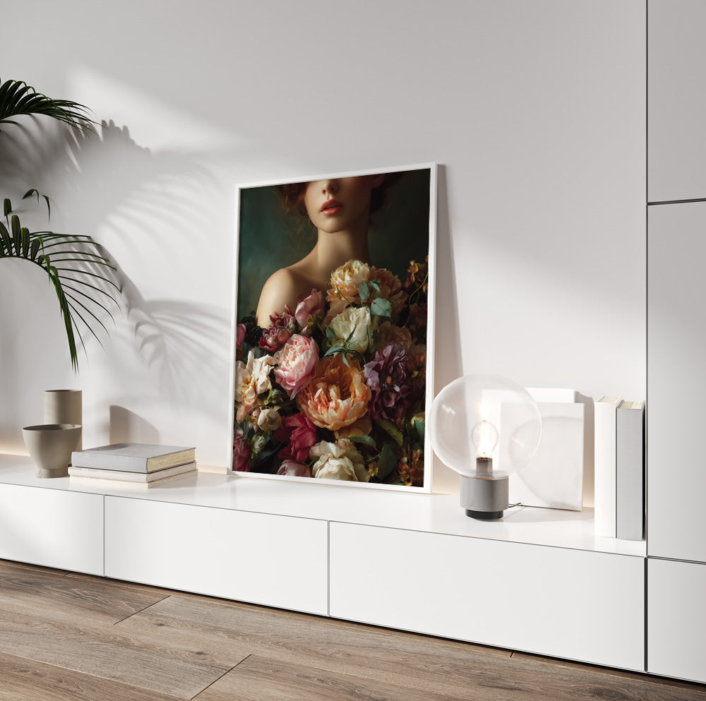 Dark floral female portrait featuring a woman surrounded by richly colored vintage-style blooms