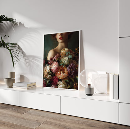 Dark floral female portrait featuring a woman surrounded by richly colored vintage-style blooms