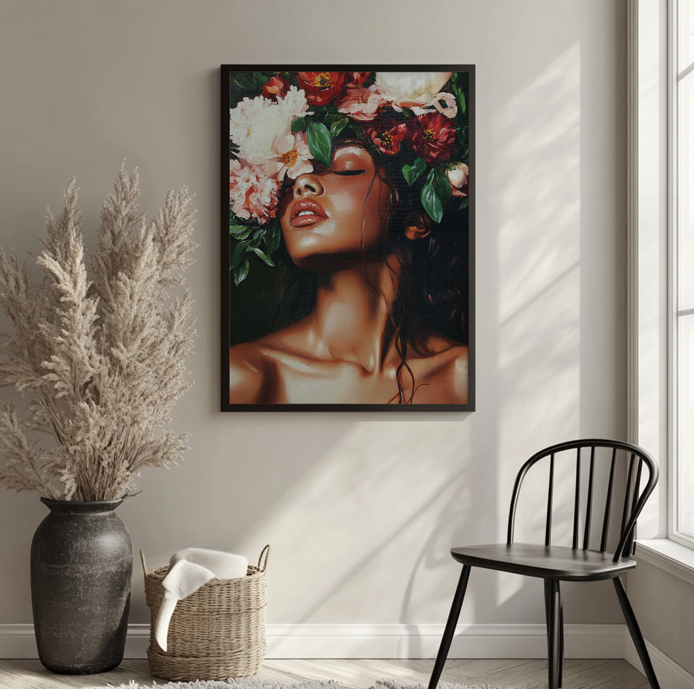 Dark floral female portrait featuring a woman surrounded by dramatic red, white and blush flowers