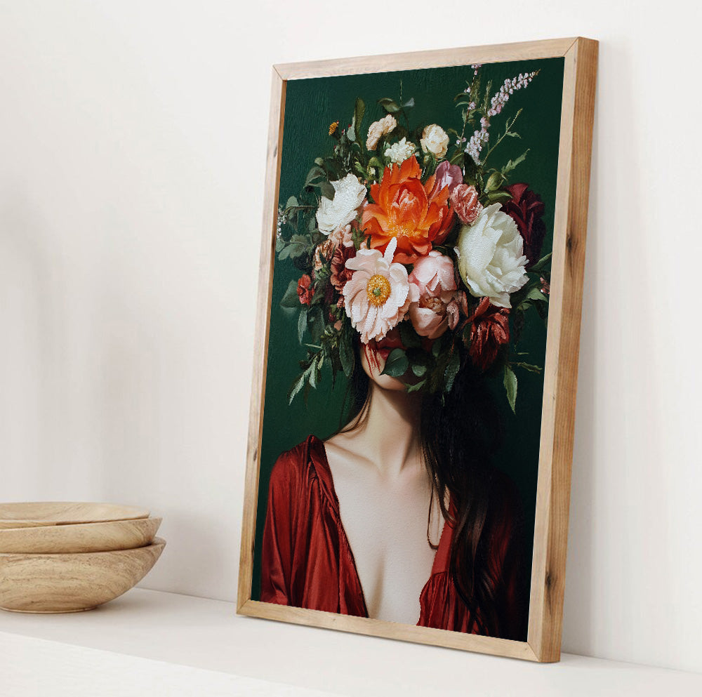 Dark floral portrait wall art featuring a woman surrounded by dramatic colorful flowers
