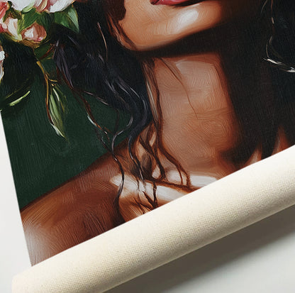 Dark floral woman portrait with rich red, blush and white flowers framing the female figure