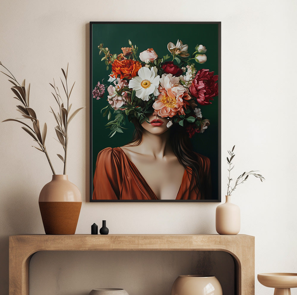 Dark floral woman wall art featuring a feminine portrait with dramatic colorful flowers