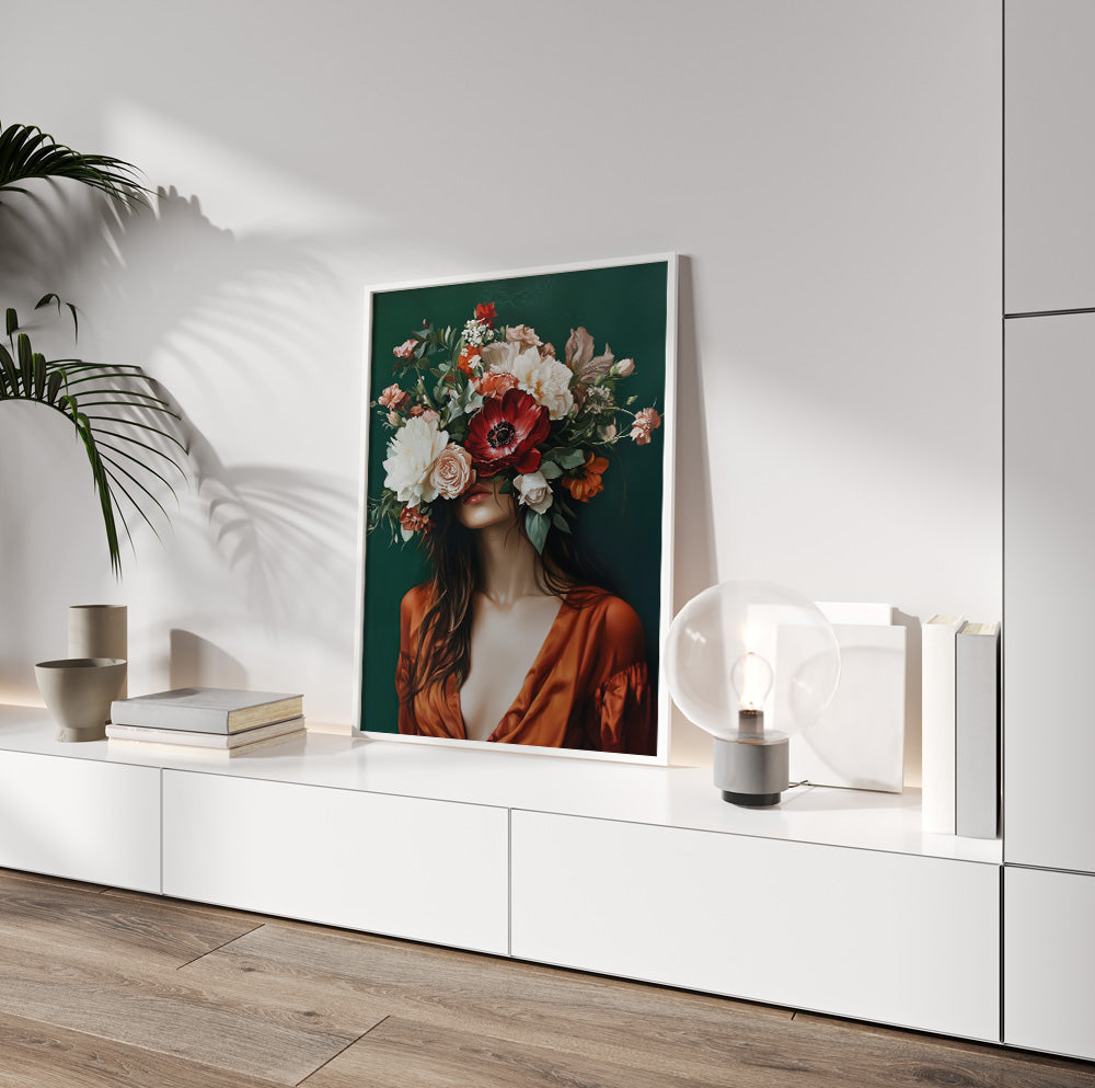 Dark green floral wall art featuring a woman in a rust orange dress surrounded by colorful flowers