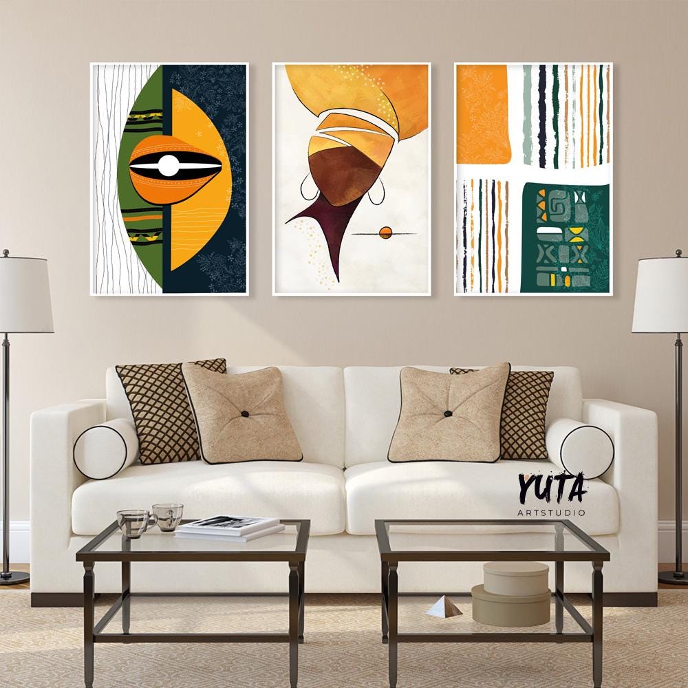 Modern Black woman art – abstract gallery print set with vibrant green and ethnic influences.