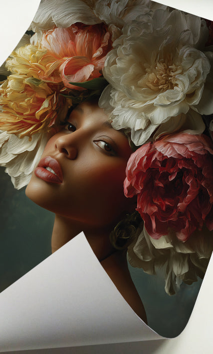 Dramatic floral female portrait featuring a woman with an abundant crown of richly colored peony flowers