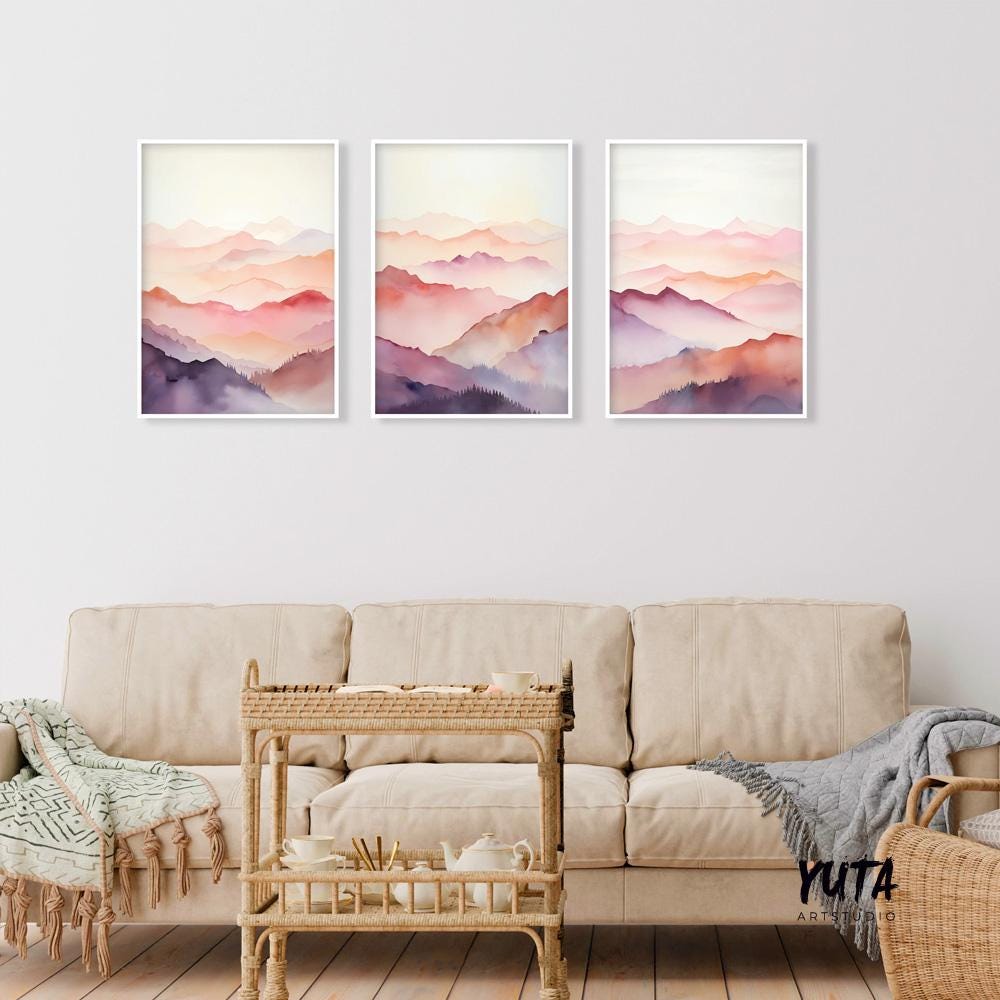 Set of 3 pink purple abstract mountain prints. Colorful mountain landscape painting, minimalist abstract wall art prints, preppy room decor